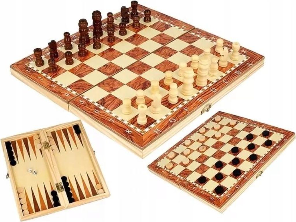 Klassisches Schachspiel aus Holz, Dame-Backgammon, 3-in-1, XXL, groß, 24 x 24 cm