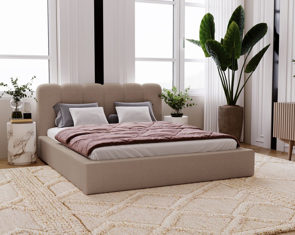 Diana Polsterbett 160x200 Boucle, Doppelbett mit Bettkasten, Lattenrost, Kopfteil - Polsterbett Braun (Anthology 5)