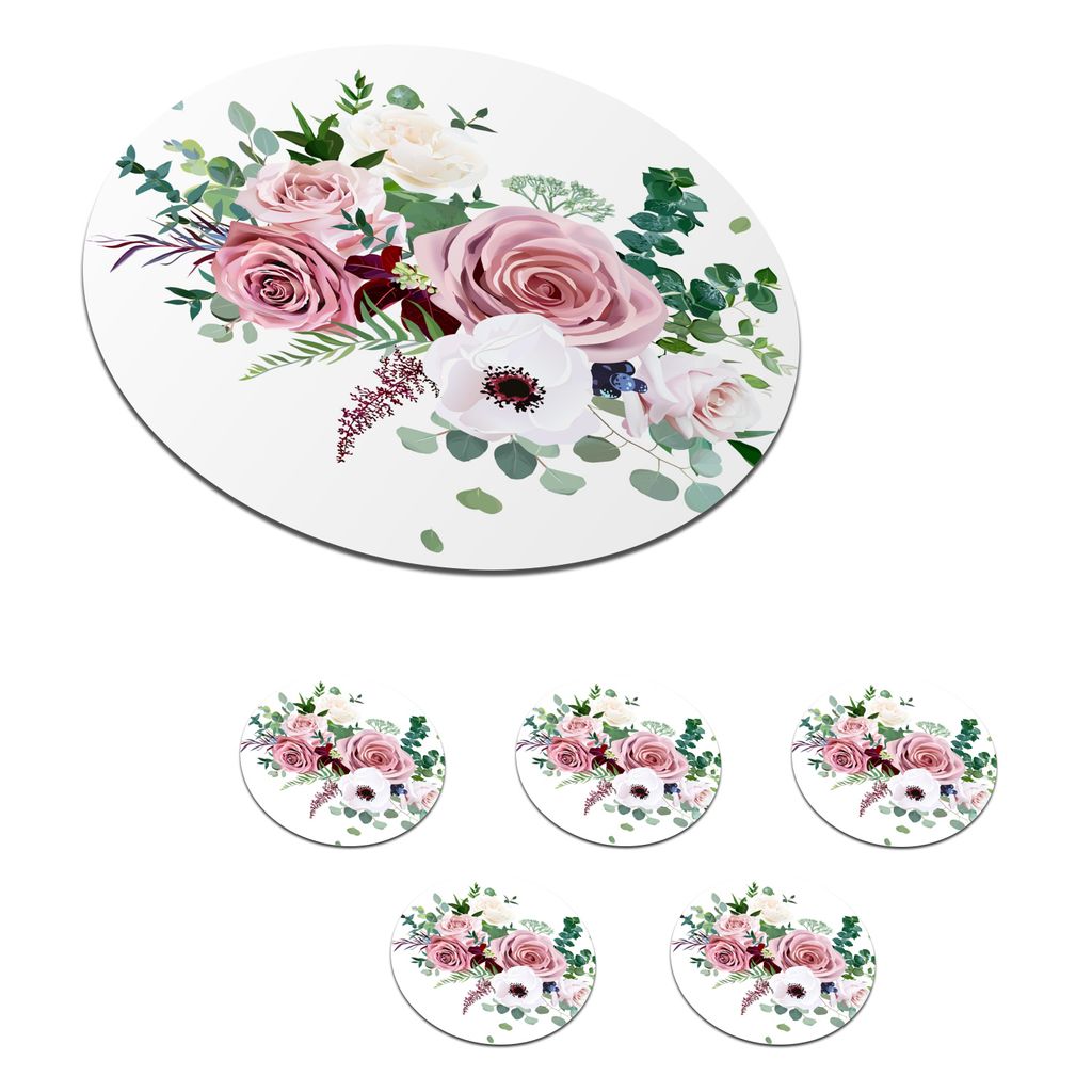 KitchenYeah Glasuntersetzer Rund 6er Set Blumen - Rosen - Anemone 10x10 cm Untersetzer für Gläser - Getränkeuntersetzer - Tischplattenschutz -...