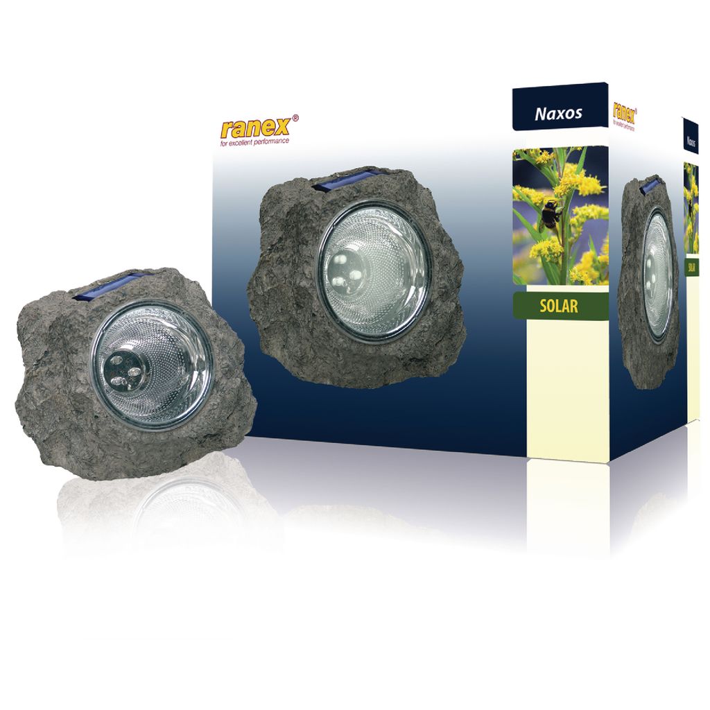 Product packaging for Ranex solar lights, showing two lights and a graphic of a bee on a flower.