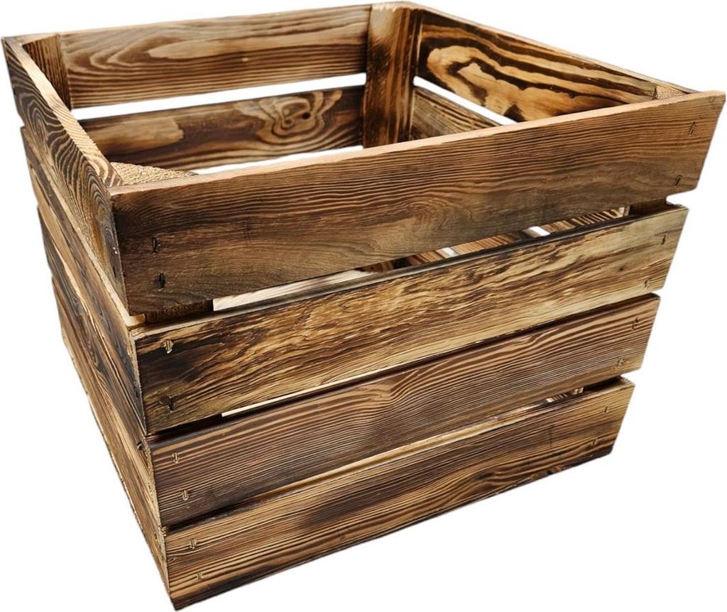 A wooden crate with a burnt finish, shown from a slightly elevated angle against a white background.