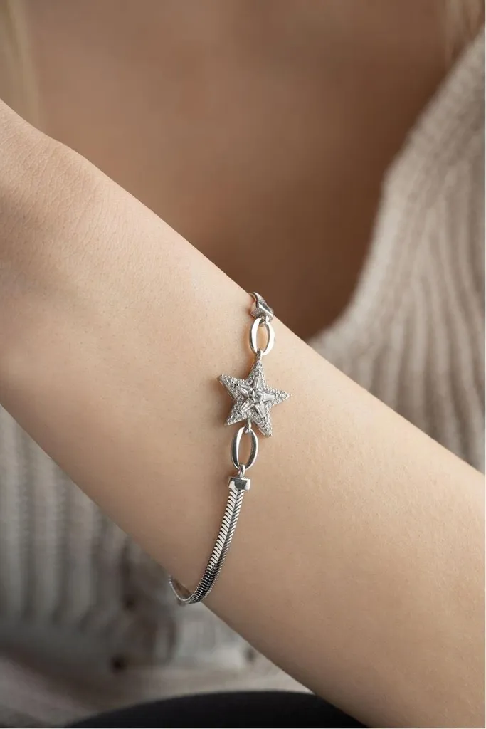 Bracelet argent 925 anti-ternissement maille serpent étoile baguette - 4