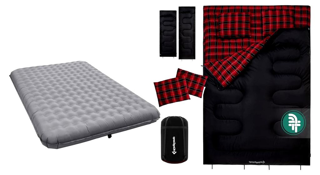 Doppel-Camping-Set: Warmer Schlafsack aus Baumwoll-Flanell und 15 cm dicke Isomatte für 2 Personen – Komplettes Schlafsystem gegen Kälte für C...