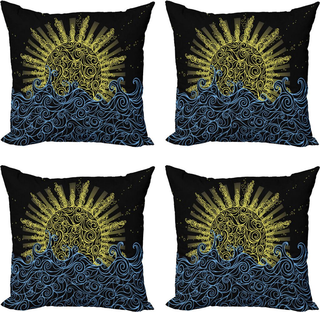 ABAKUHAUS Sonne Kissenbezug Set (4 Stück), Wellenförmige Ozean Sommer-Himmel-Motiv, Moderner Doppelseitiger Digitaldruck, 40 cm x 40 cm, Gelb / Blau