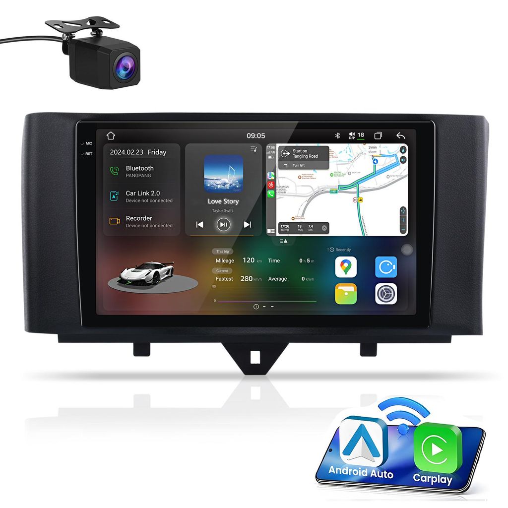 9,5 Zoll Android 15 Autoradio für Mercedes-Benz Smart Fortwo 451 454 (2005-2015) 8GB+256GB Wireless CarPlay & Android Auto 4G LTE DAB+ 8-Kern