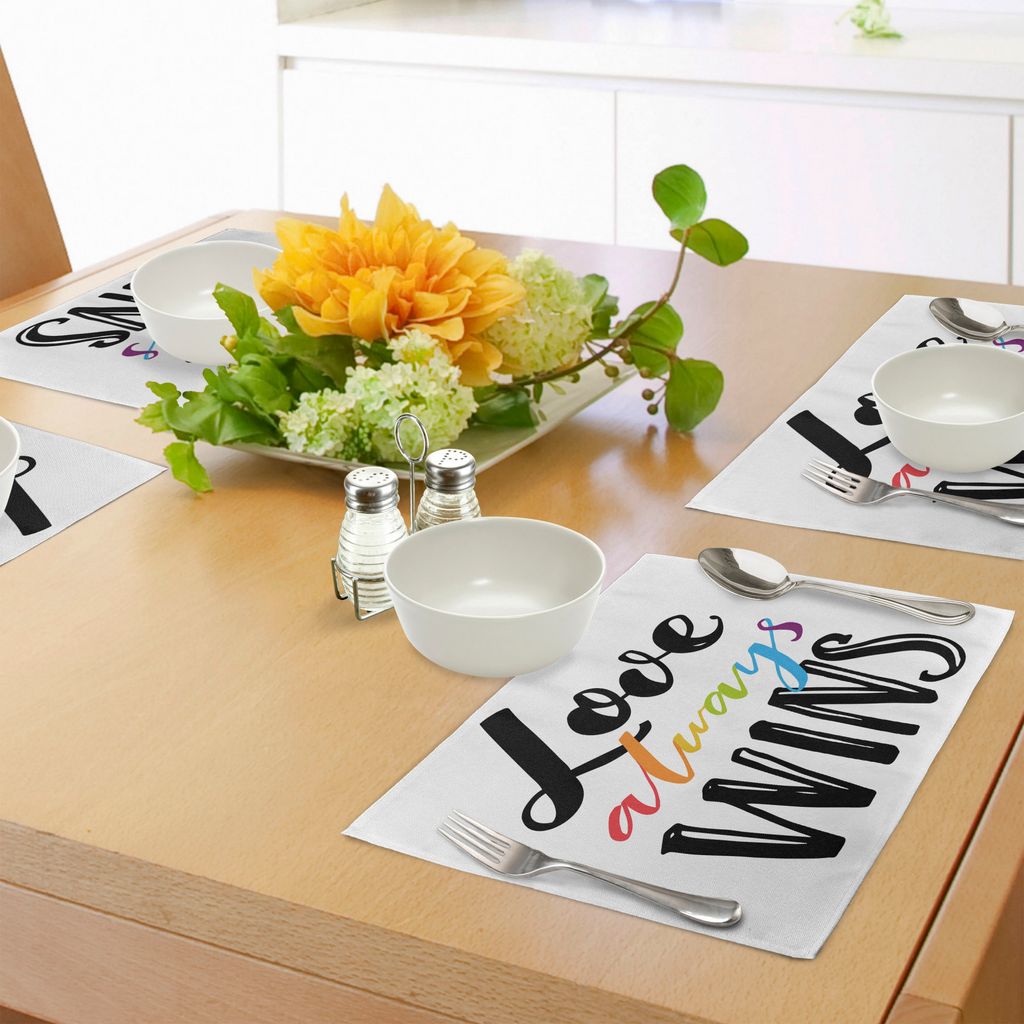 ABAKUHAUS Stolz Platzmatten, Liebe gewinnt Immer romantischen Slogan mit Regenbogen farbigen und Hand gezeichneten Buchstaben, Tiscjdeco aus Farbfe...