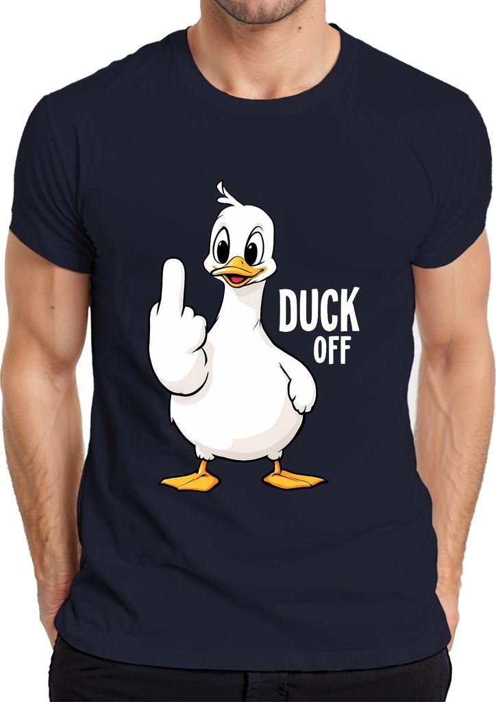 DUCK OFF Lustige Ente Mittelfinger Frech Sarkastisch Statement Herren T-Shirt, Navy, S