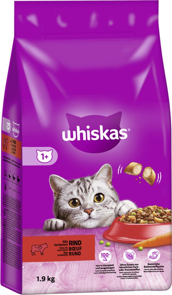 Whiskas Katzenfutter Trockenfutter Adult 1+ mit Rind, 1 Beutel (1 x 1,9kg)