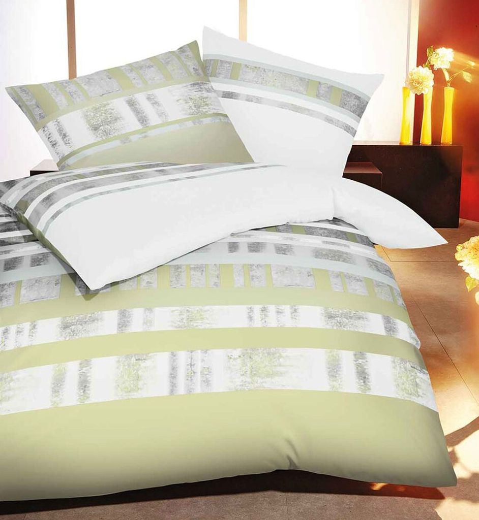 Kaeppel Biber Bettwäsche Intro Gestreift Taube Lind 100% Baumwolle Reißverschluss Bettbezug Kissenbezug Bettgarnitur Bettzeug 135x200 cm