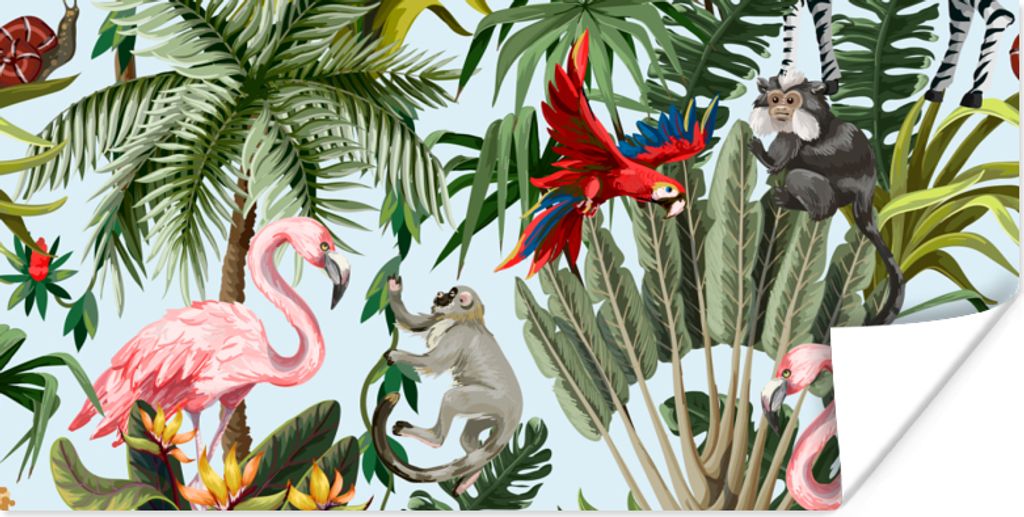 MuchoWow Poster Dschungel - Tiere - Mädchen - Kinder - Jungen - Flamingo - Papagei 80x40 cm - Wanddeko