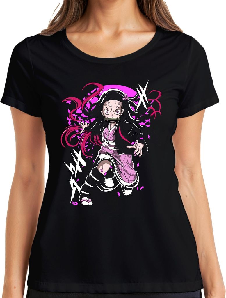 Nezuko Kamado Anime Dämon Kampfpose Bambus Beißschutz rosa Manga Damen T-Shirt, Schwarz, L