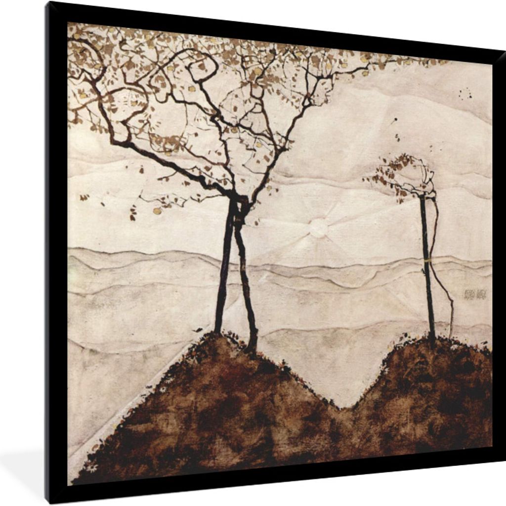 MuchoWow Gerahmtes Poster Herbstsonne und Bäume - Egon Schiele 40x40 cm - Poster mit Schwarzem Bilderrahmen Wandposter Rahmen Foto Bilder - Mit ...