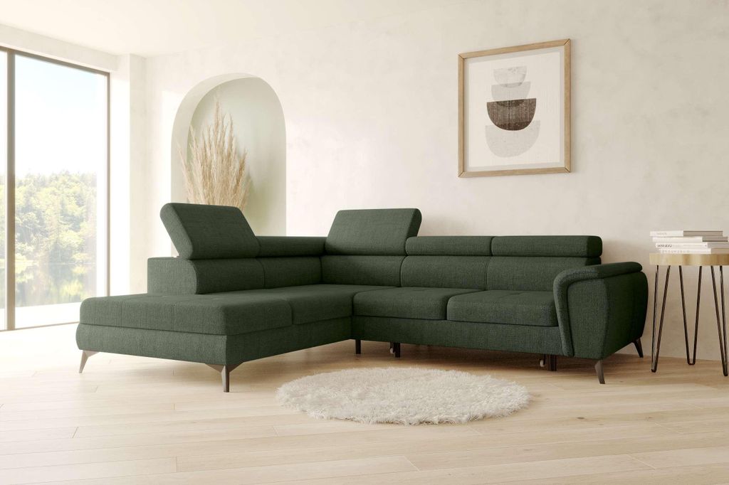 99rooms Parma Ecksofa Velours VOGUE Wintermoos Links mit Schlaffunktion und Stauraum