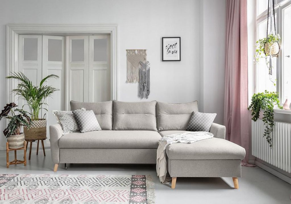 MIUFORM Stylish Stan - Ecksofa mit Bettfunktion und Bettkasten L-FORM RECHTS - 224x148cm - Beige - Sofa Schlafsofa Couch