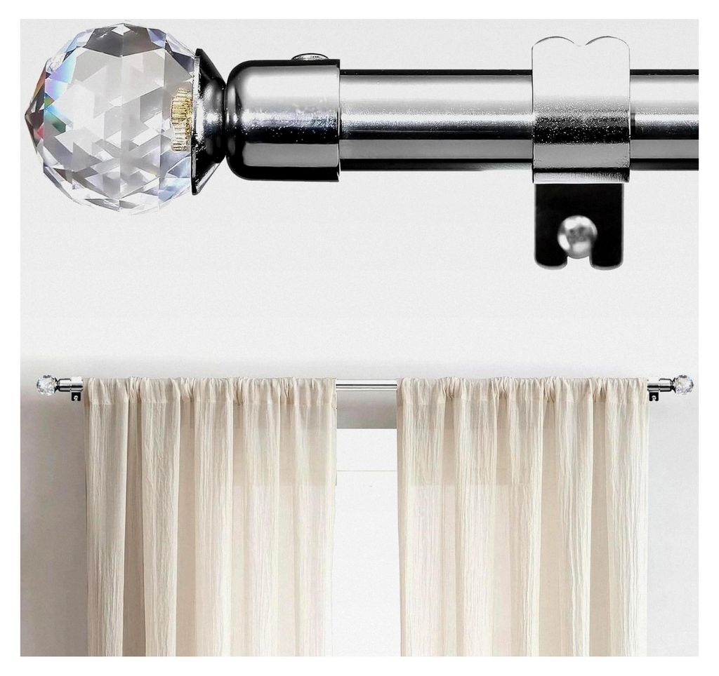 Gardinenstange, 71-238 cm, verstellbare Vorhangstange mit Halterungen aus Edelstahl - 16 mm Durchmesser mit Acryl-Diamant-Endstück in Silber