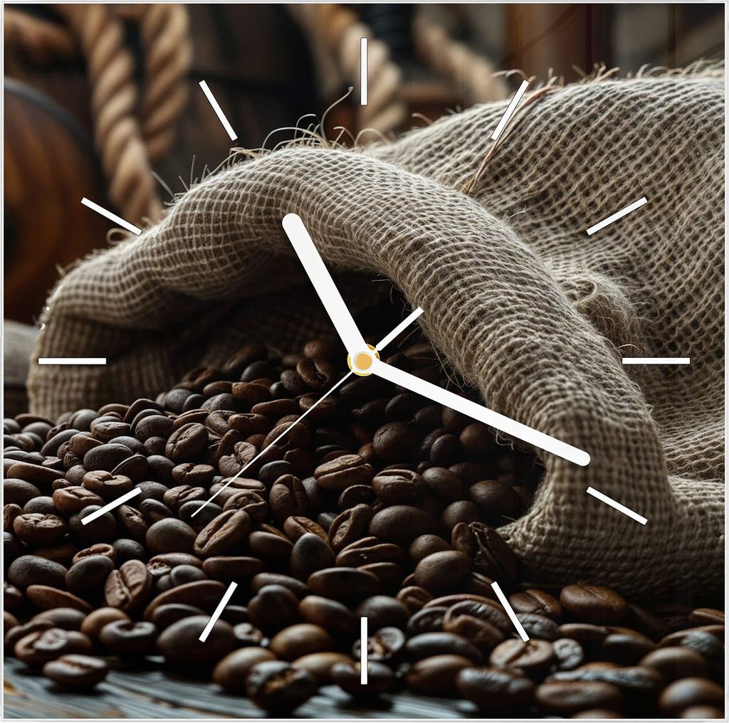 Wanduhr aus Glas mit Motiv Kaffeebohnen Sack- 30 x 30 cm - inkl. Aufhängesystem