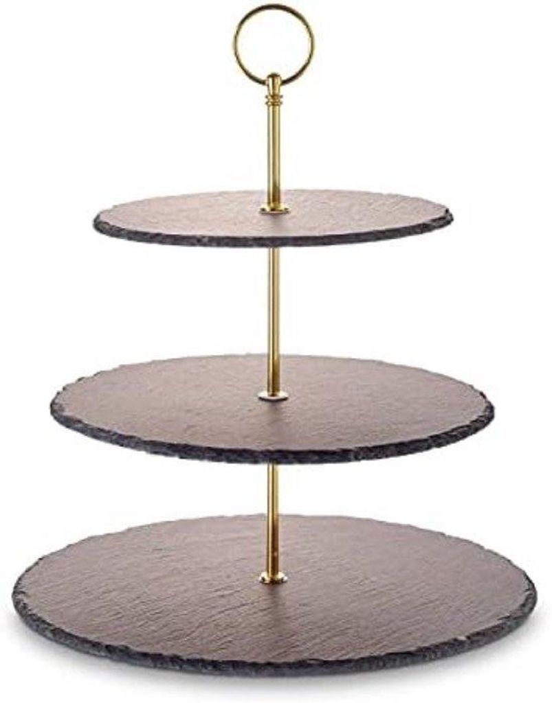 Drei-Schicht-Serviertisch aus natürlichen Felssteinen mit Metallhalter, goldfarben - Ø 20/25/30 cm - Perfekt für Torten, Früchte, Käse und Sü...