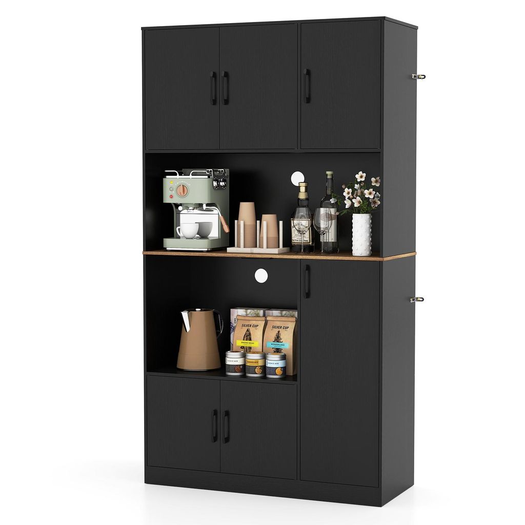 A black kitchen cabinet with a coffee maker, bottles, and other kitchen items on display.