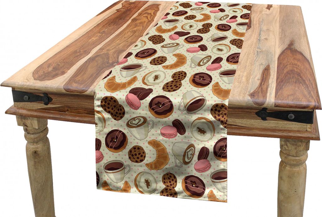 ABAKUHAUS Dessert Tischläufer, Donuts und Kaffee-Kunst, Esszimmer Küche Rechteckiger Dekorativer Tischläufer, 40 x 300 cm, Hellrosa Braun Creme
