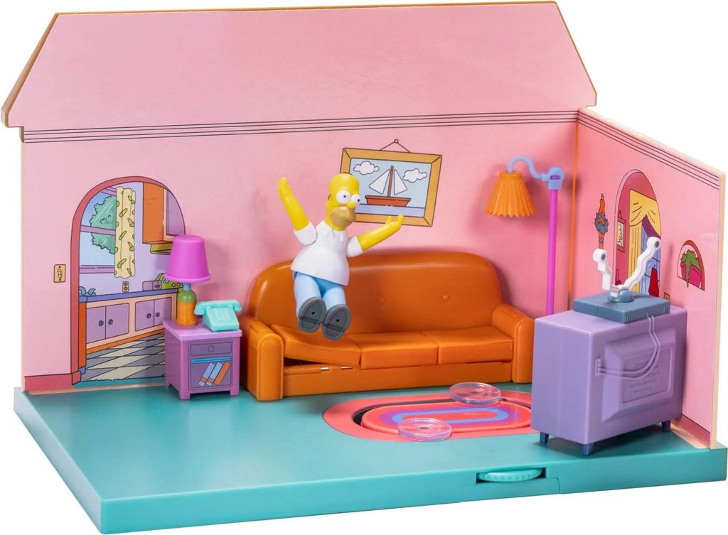 A toy playset depicting the living room of The Simpsons' house, with a Homer Simpson figure.