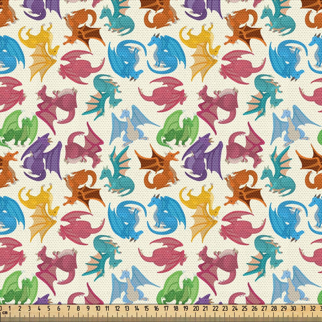 ABAKUHAUS Drachen Gewebe als Meterware, Cartoon Style Design für Kinder Tiermuster bunte Drachen Artwork Print, 2 M (148 x 200 cm), Mehrfarbig