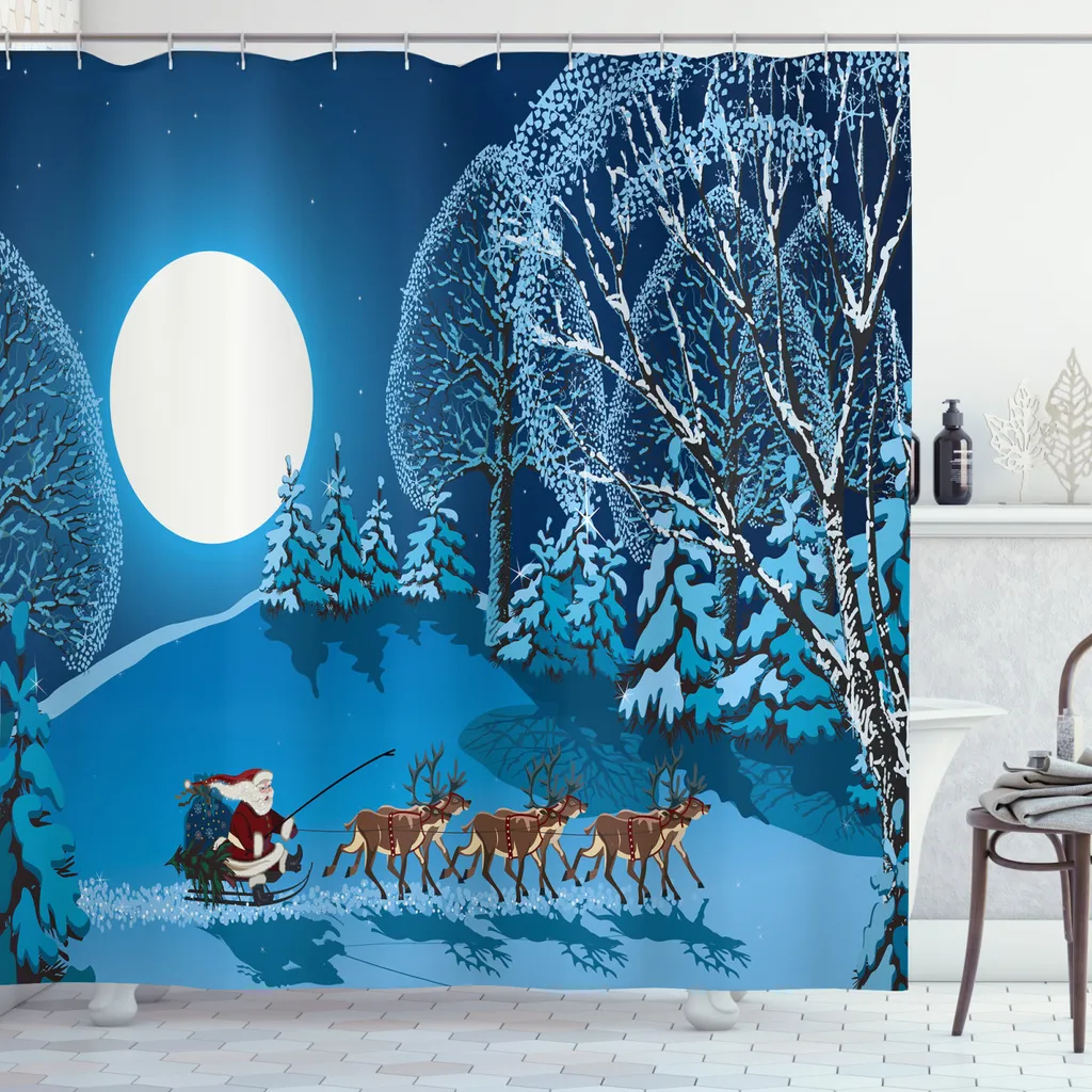 ABAKUHAUS Tenda da doccia natalizia, Penguins Bambini, Impermeabile, incl. 12 anelli, Resistente a batteri e muffe, 175 x 200 cm, Blu Rosso