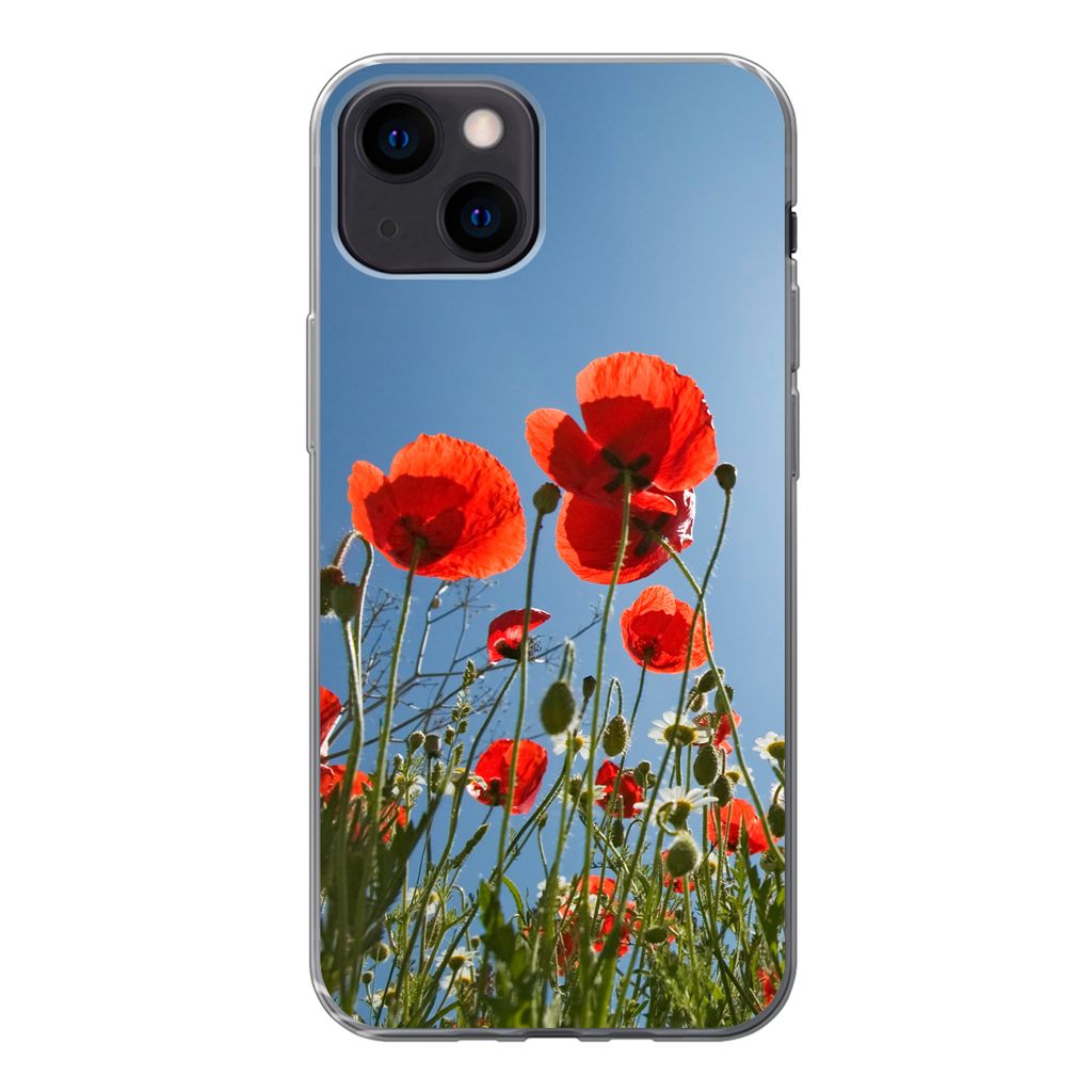 MuchoWow Handyhülle Schutzhülle Hülle für iPhone 13 mini Strahlende Sonne über einigen Mohnblumen in Spanien Silikon Softcase Handy Hülle -...