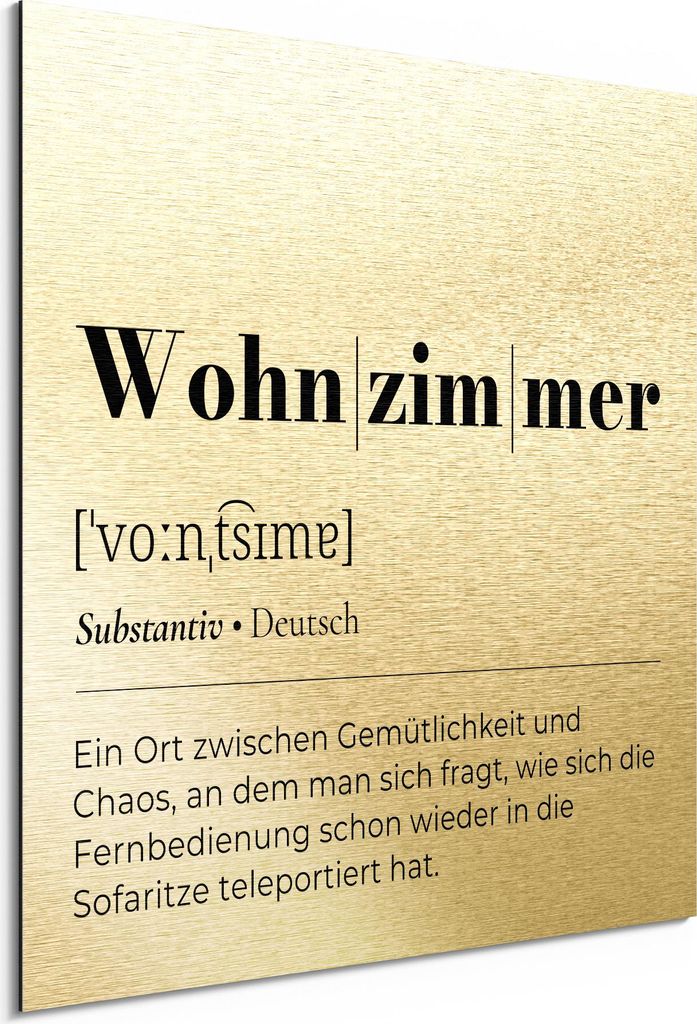 DEQORI Alu-Dibond Bild Gold 30x30 cm 'Wohnzimmer - Definition' Wandbild Metall dünn