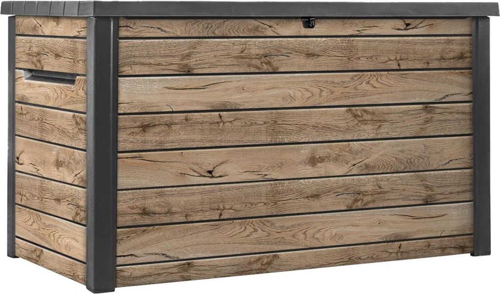 A storage box with a wood-like texture and gray metal frame.