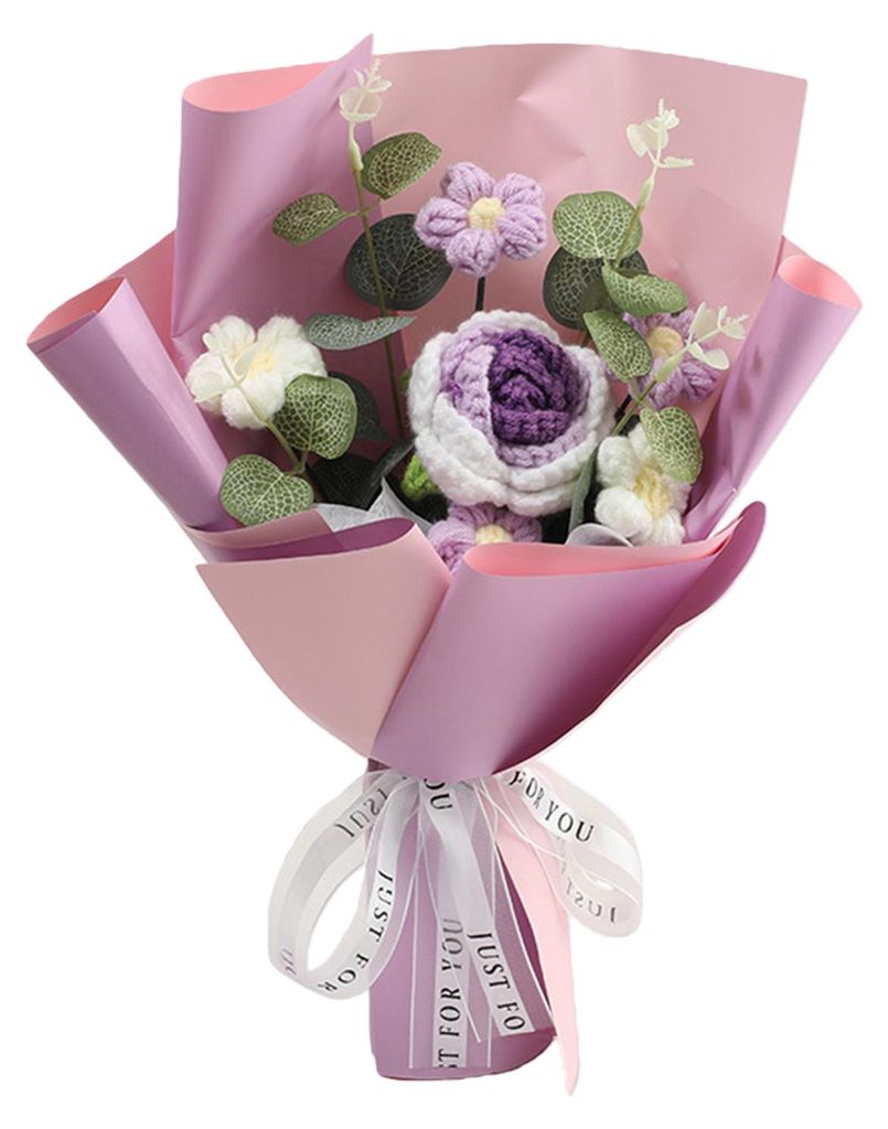 Handgehäkelter Blumenstrauß mit fertigen, gestrickten Rosenblüten für Valentinstag, Muttertag, Geburtstag, Heimdekoration und Hochzeiten
