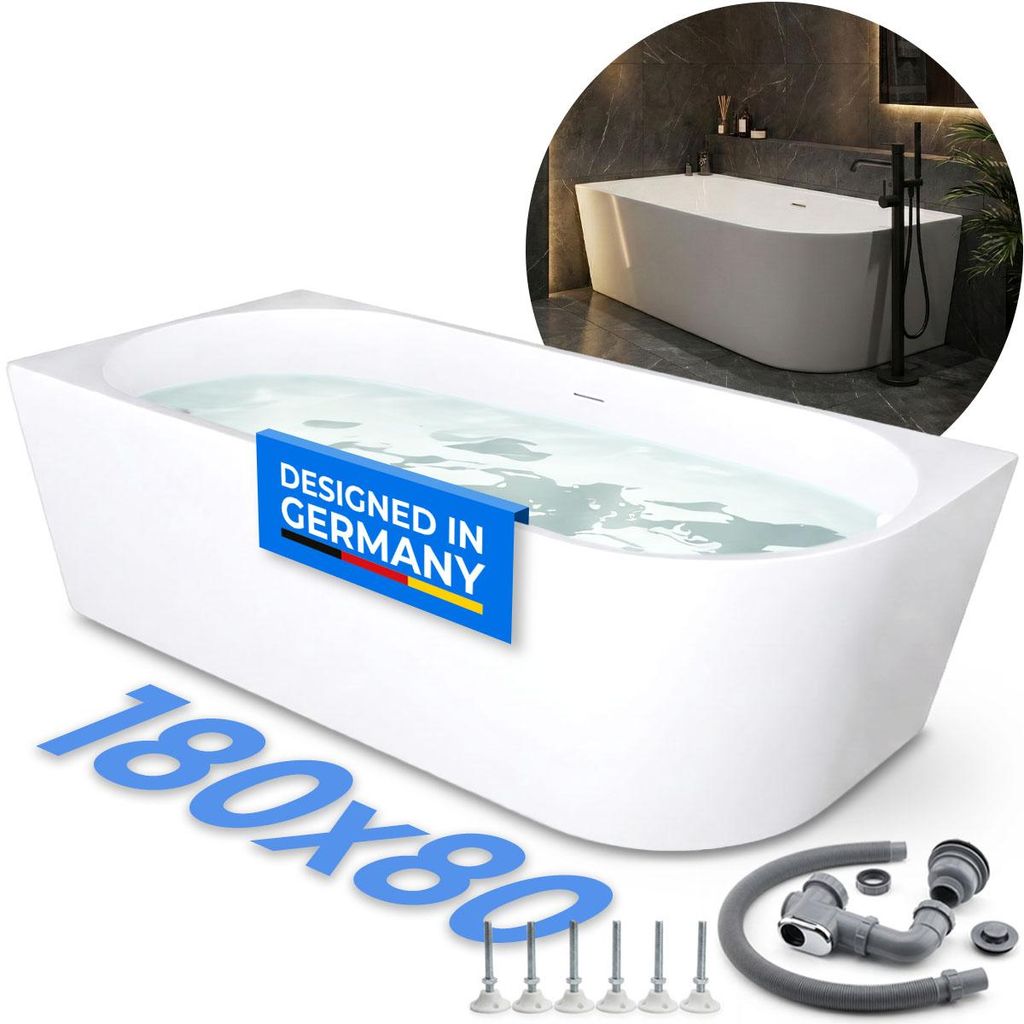 Belvit Badewanne halbfreistehend & freistehend aus Acryl – Eckbadewanne oder oval, Links, Mittig & Rechts, 180x80 - 170x78 cm, mit Ablaufgarnitur