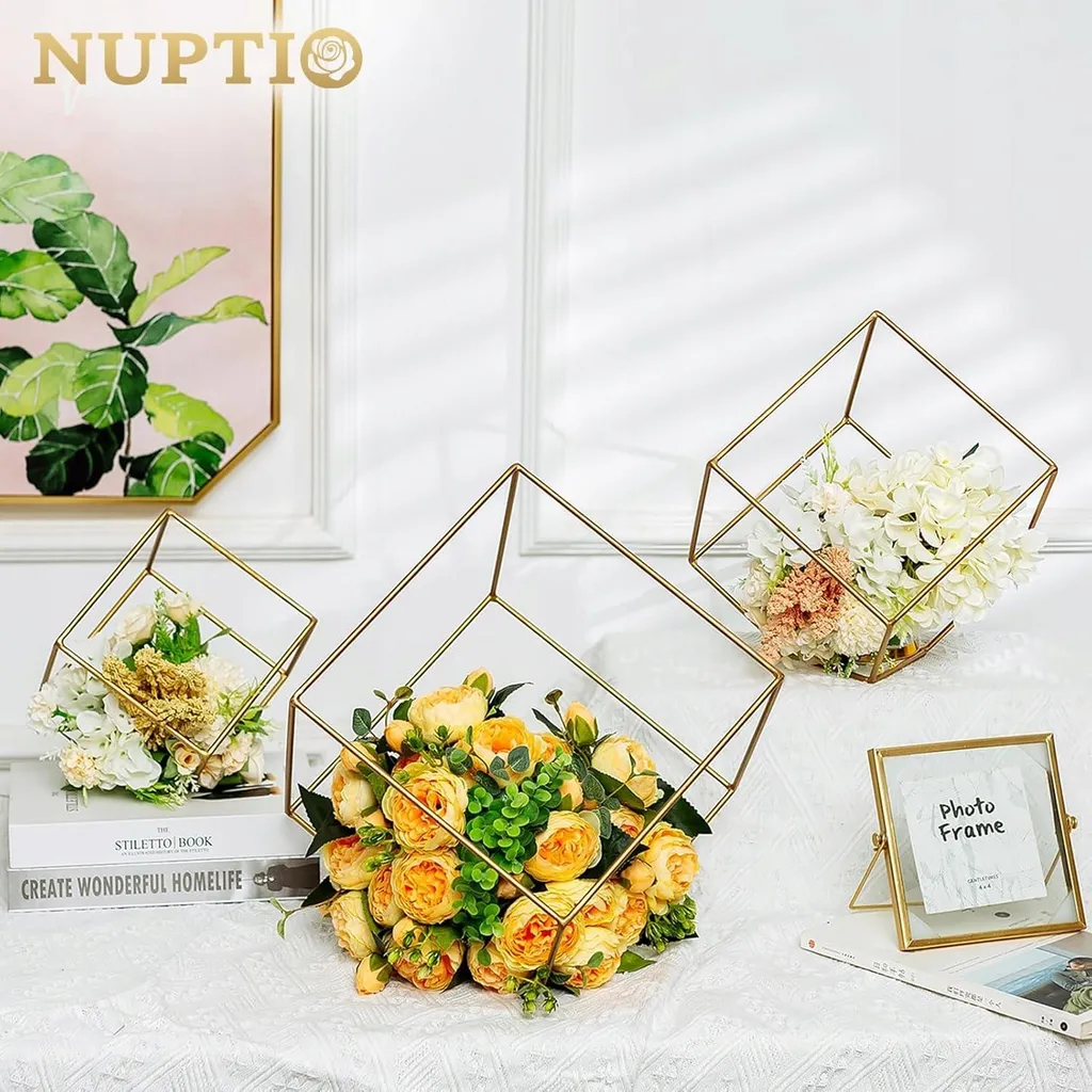 Support de fleurs géométrique en métal doré pour décoration de table