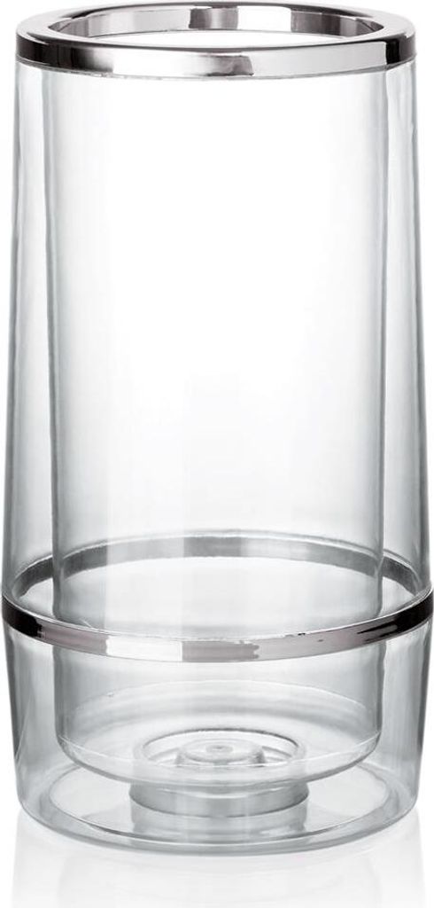 A clear, studio shot of a double-walled plastic bottle cooler with a silver rim.
