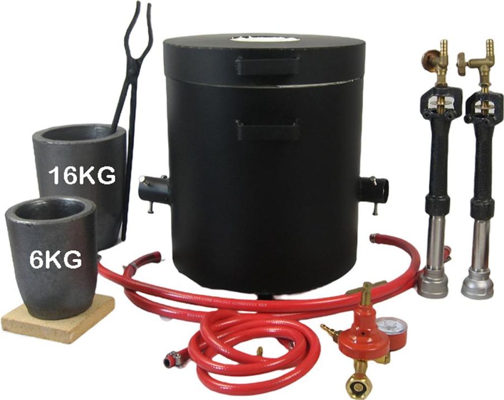 A collection of metal casting equipment including a furnace, crucibles, tongs, and gas hoses with a regulator.