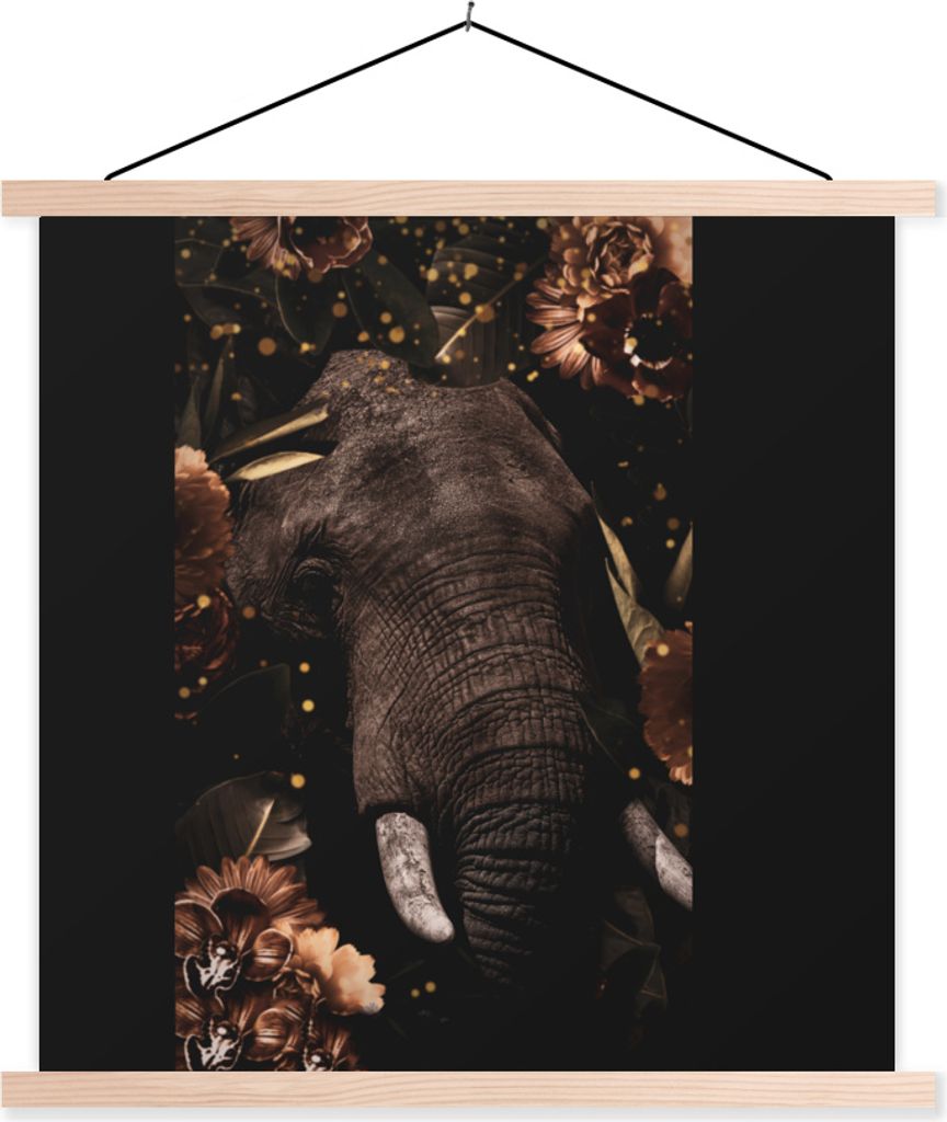 MuchoWow Textilposter Elefant - Tiere - Blumen - Licht 40x40 cm mit holzfarbenen Rahmen - Posterleiste