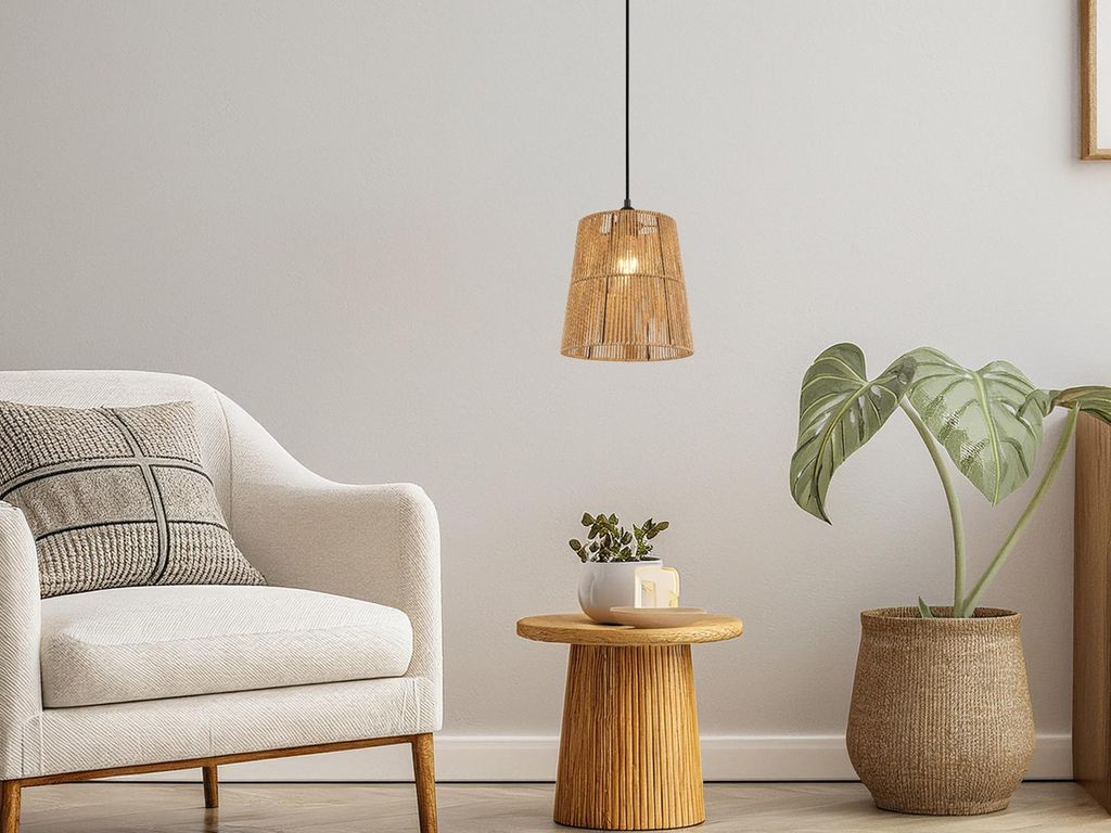 Kleine Boho Pendelleuchte einflammig mit Lampenschirm aus Produktbild 