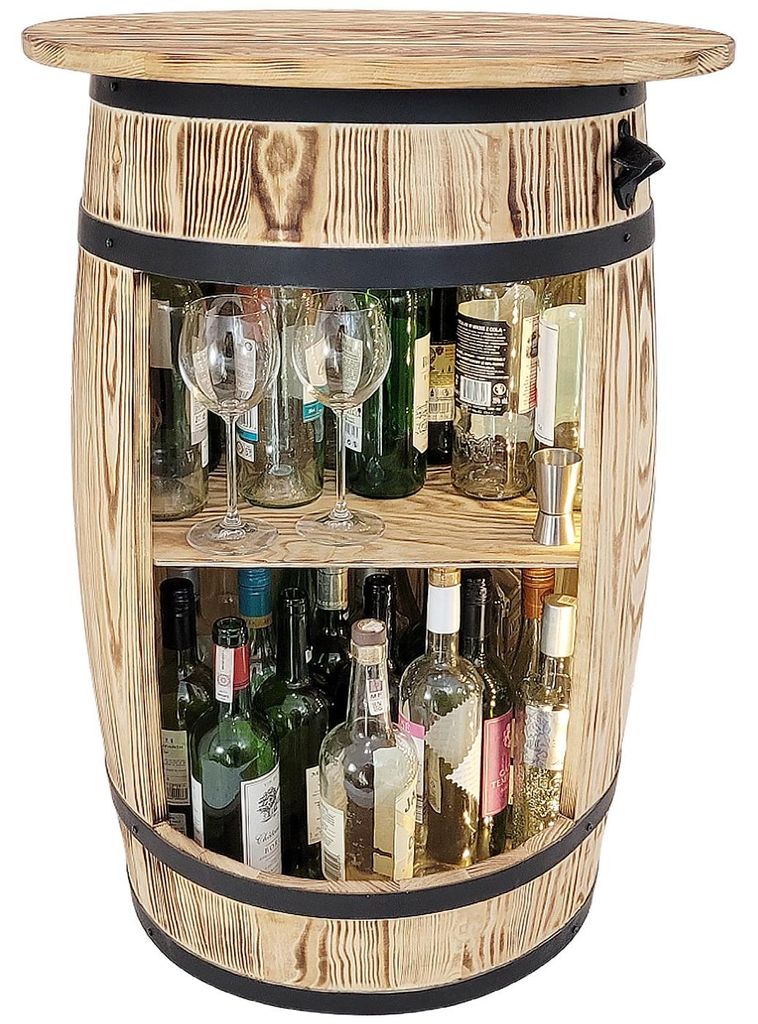 Dekorative Holzfass-Bar mit großer Platte und Produktbild 