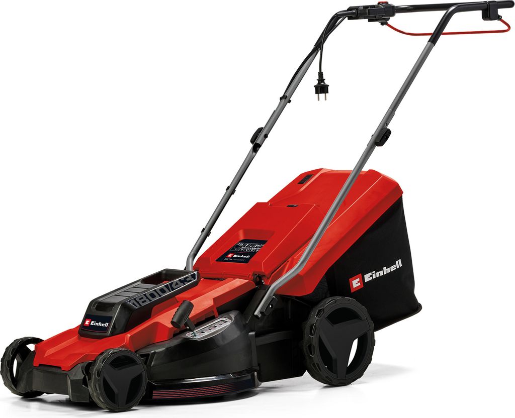 A red electric lawnmower with a black grass catcher is shown against a white background.