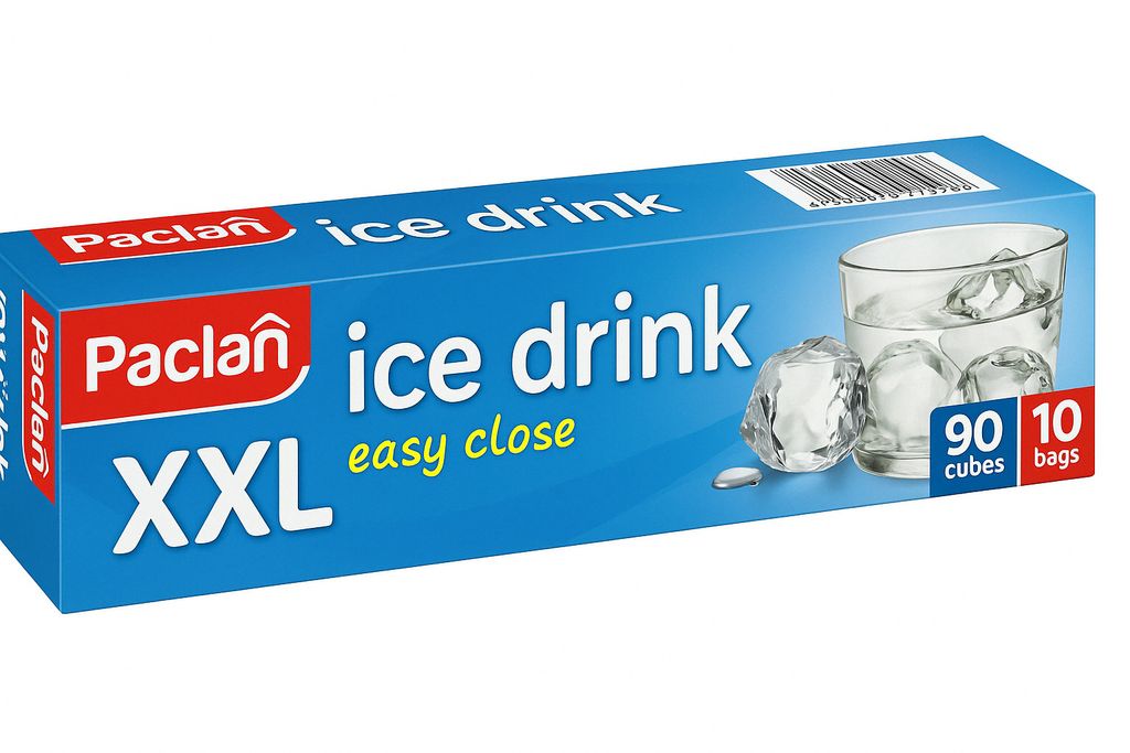 A product box for ice drink bags, showing the brand, product name, size, and quantity.