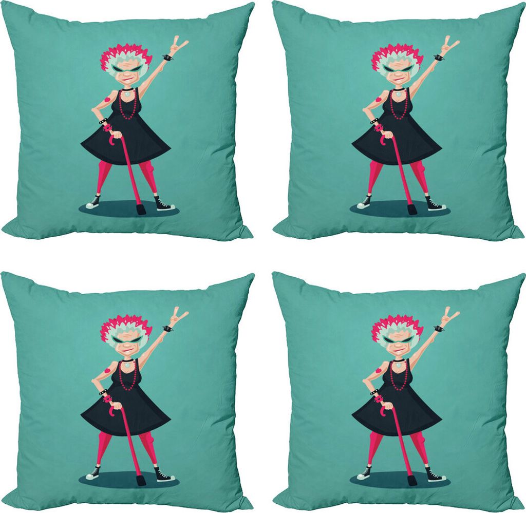 ABAKUHAUS Ruhestands Feier Kissenbezug Set (4 Stück), Rocker alte Dame, Moderner Doppelseitiger Digitaldruck, 40 cm x 40 cm, Mehrfarbig
