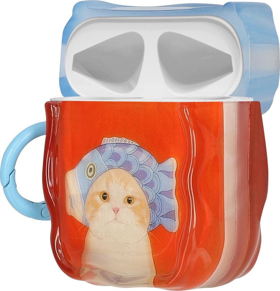 kwmobile In-Ear Kopfhörer Case für Apple Airpods 1 & 2 Hülle mit Karabiner - Headphones Case - Earphones Cover Etui - Katze mit Fischhut