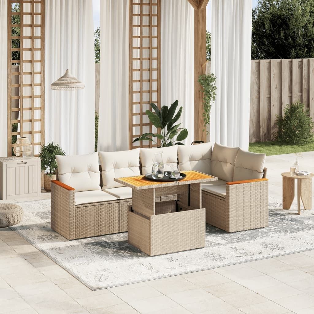Design 6-tlg. Garten-Sofagarnitur mit Kissen Beige Poly Rattan, Gartenmöbel-Sets 2024 Neu