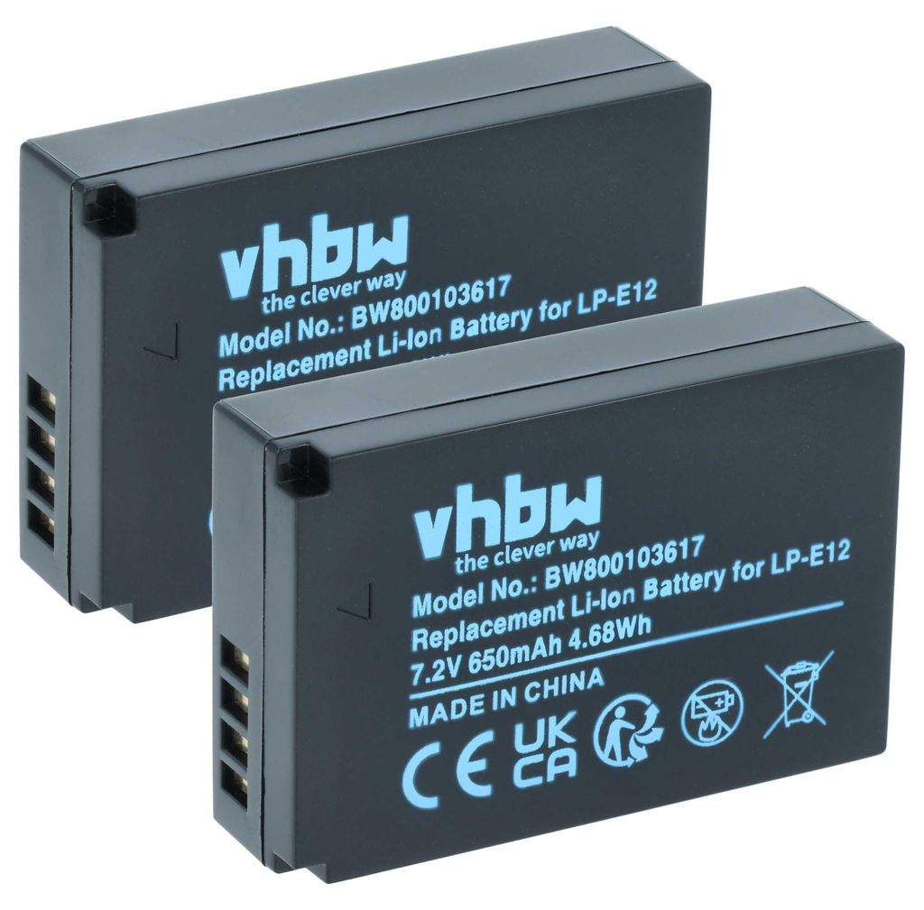 vhbw 2x Akku kompatibel mit Canon EOS M10, M, M50, M200, 100D, Kiss X7, M50 Mark II, Rebel SL1, M2, 100, M100 Kamera (650 mAh, 7,2 V, Li-Ion)
