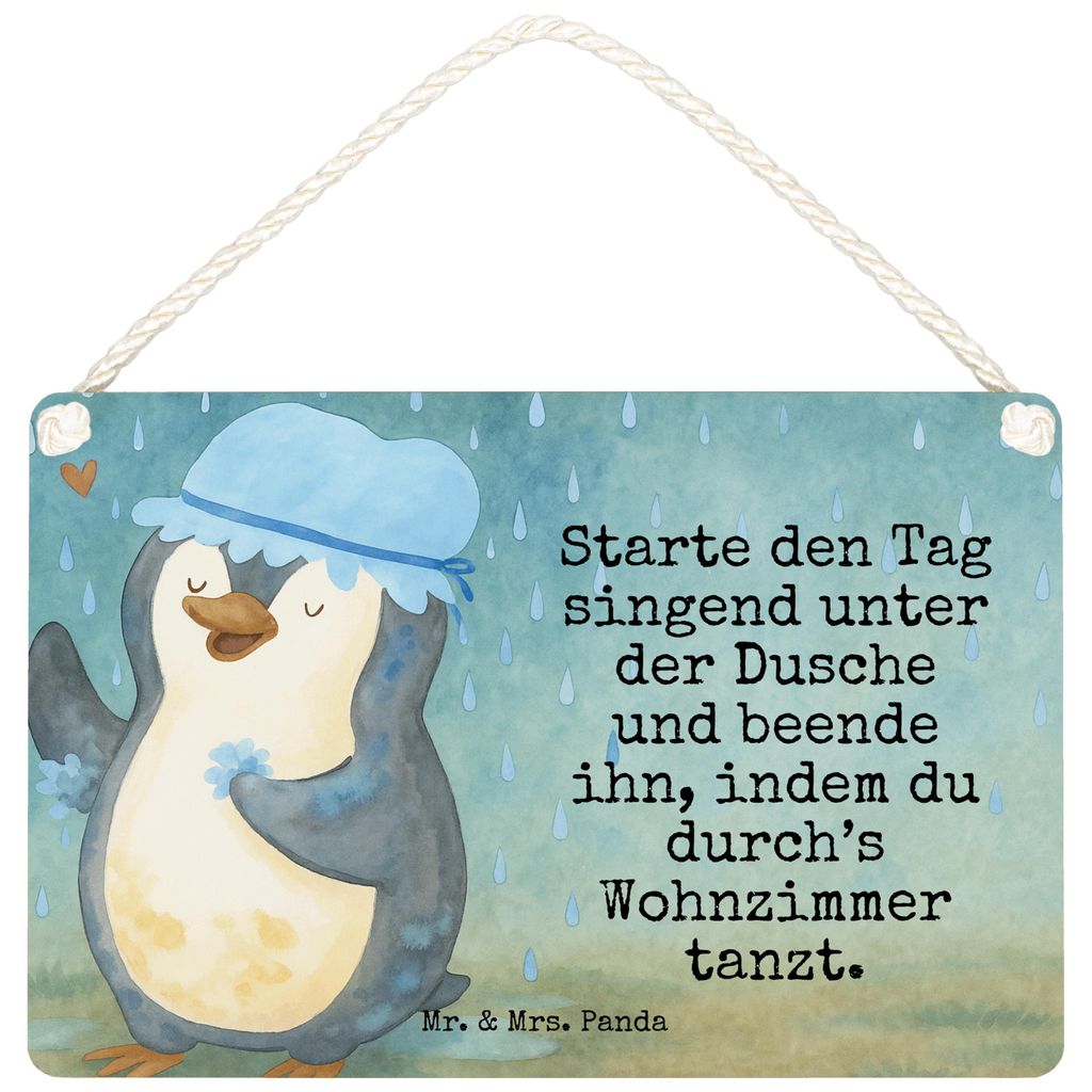 Mr. & Mrs. Panda Holzschild Pinguin Duschen Design DIN A6 - Weiß - Geschenk, Singen, Lebensmotto, wandtafel, glücklich sein, Tanzen, Duschkonzert...