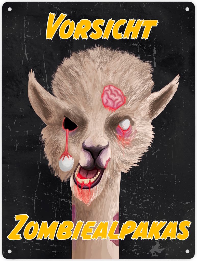 Vorsicht Zombiealpaka Metallschild XXL in 28x38 cm in dunkelgrau