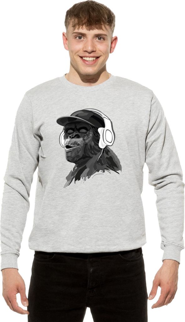 Cotton Prime Sweatshirt Affe Pullover mit Print, Monkey mit Kopfhörer M Grau-Melange