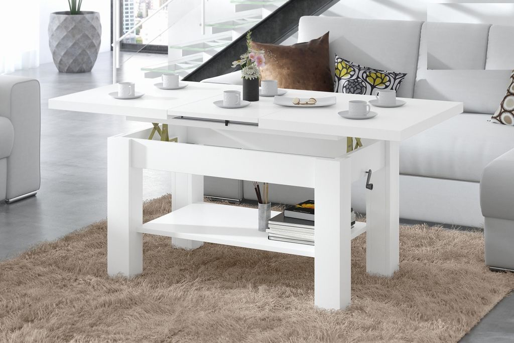 Design Couchtisch Tisch Astoria Weiß Hochglanz stufenlos höhenverstellbar 59,5 - 71,5cm ausziehbar 110 - 150cm mit Ablagefläche Esstisch