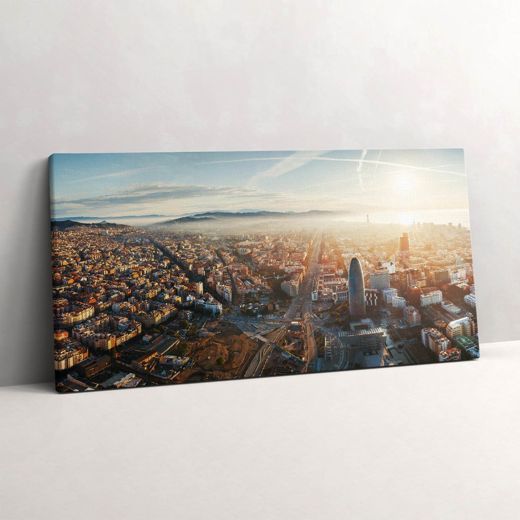 Barcelona Stadtpanorama – Leinwandbild Wandbild – 140x70 cm – Leinwandbilder – Wandbilder – Schlafzimmer – Flur