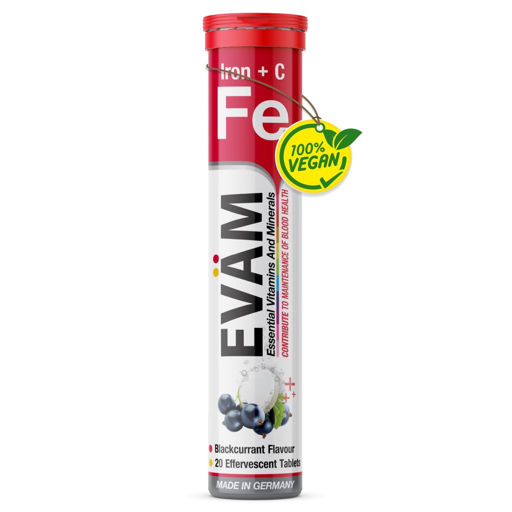 EVÄM Eisen + Vitamin C Brausetabletten, bei Müdigkeit & Ermüdung, Vegan und Zuckerfrei | schwarze Johannisbeere | 20 Tabletten | Germany