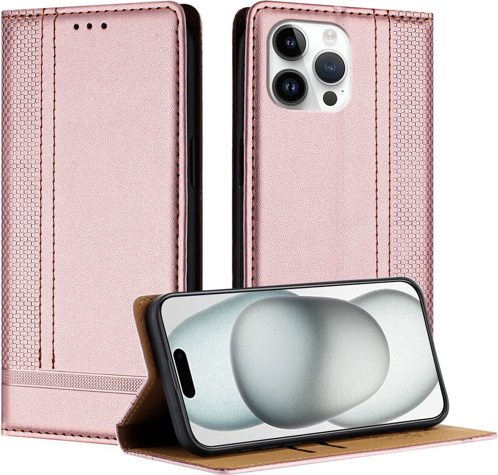 Handyhülle für iPhone 13 Pro Max Leder Flip Klappbare Schutzhülle mit Standfunktion Pink